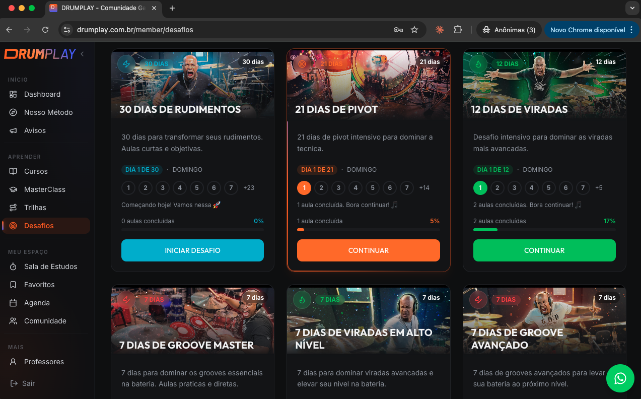 Página de Desafios de 7, 12, 21 e 30 dias