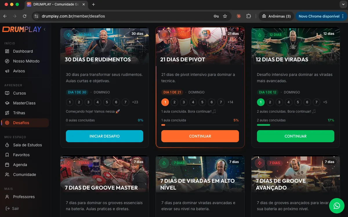 Página de Desafios de 7, 12, 21 e 30 dias