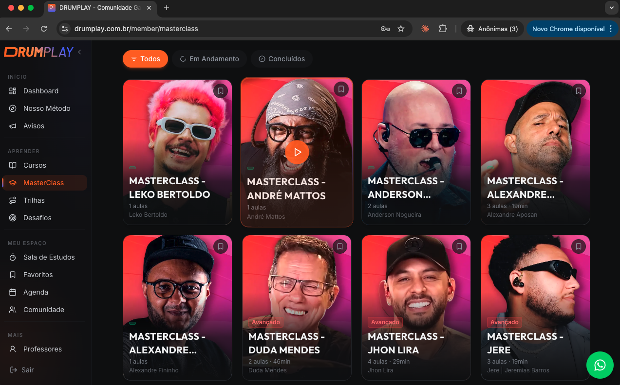 Grid de 16 MasterClasses com professores convidados