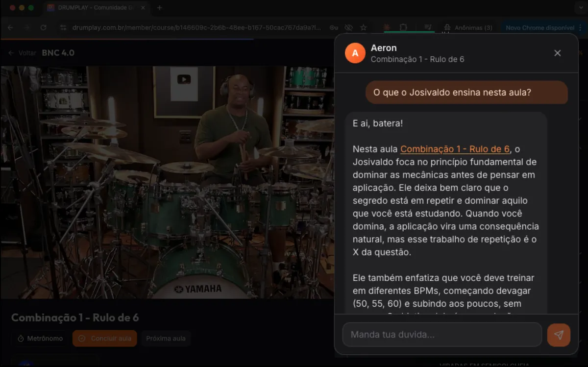 Tutor IA Aeron respondendo dúvida sobre a aula Combinação 1 Rulo de 6